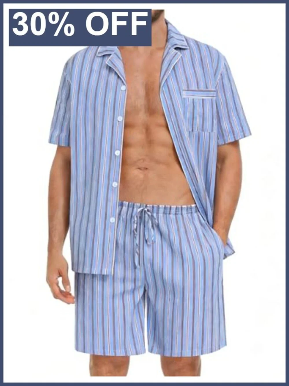 Men's 100% Cotton Pajama Set - 2 Piece Button Down Short Sleeve Sleepwear with